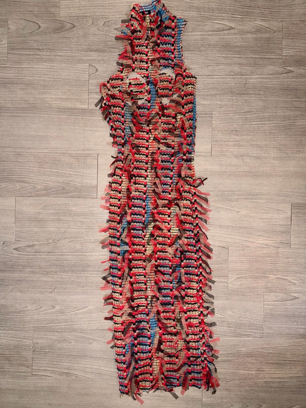 ENVME High Neck Cut Out Bust Maxi Dress In Multi Red Texture